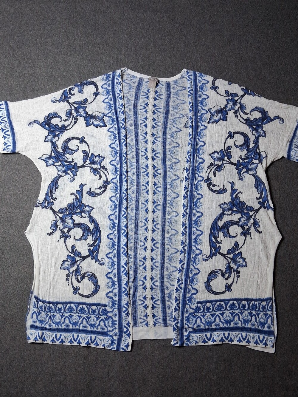 Chico's Blue White Baroque Open Front Kimono Cardigan Top Size 2 L
